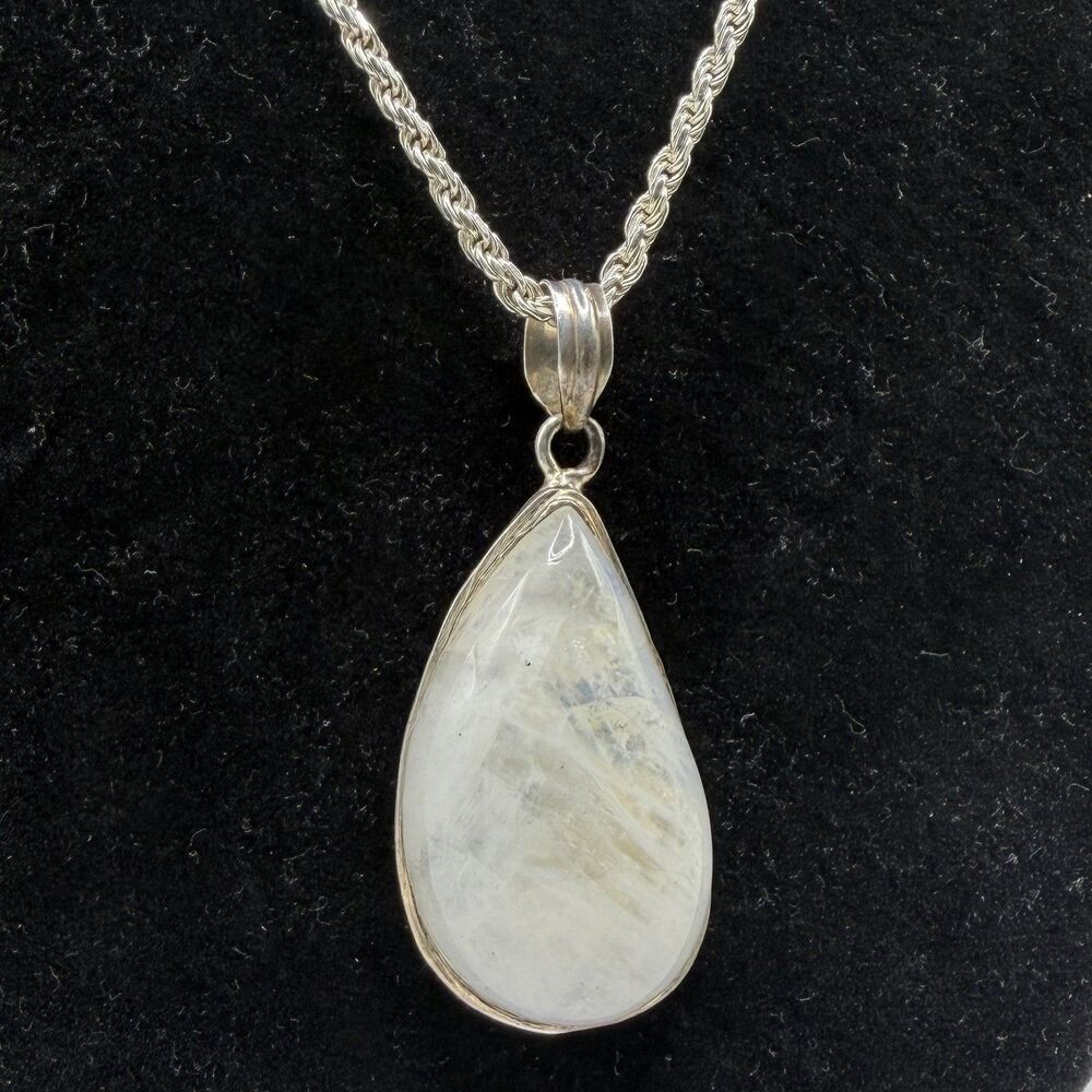 925 Sterling Moonstone Teardrop Pendant Necklace 23” Silver Rope Chain Gemstone